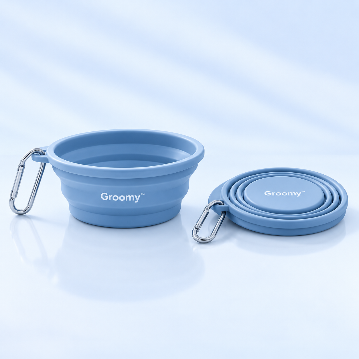 Groomy collapsible travel bowl, expanded and folded flat.