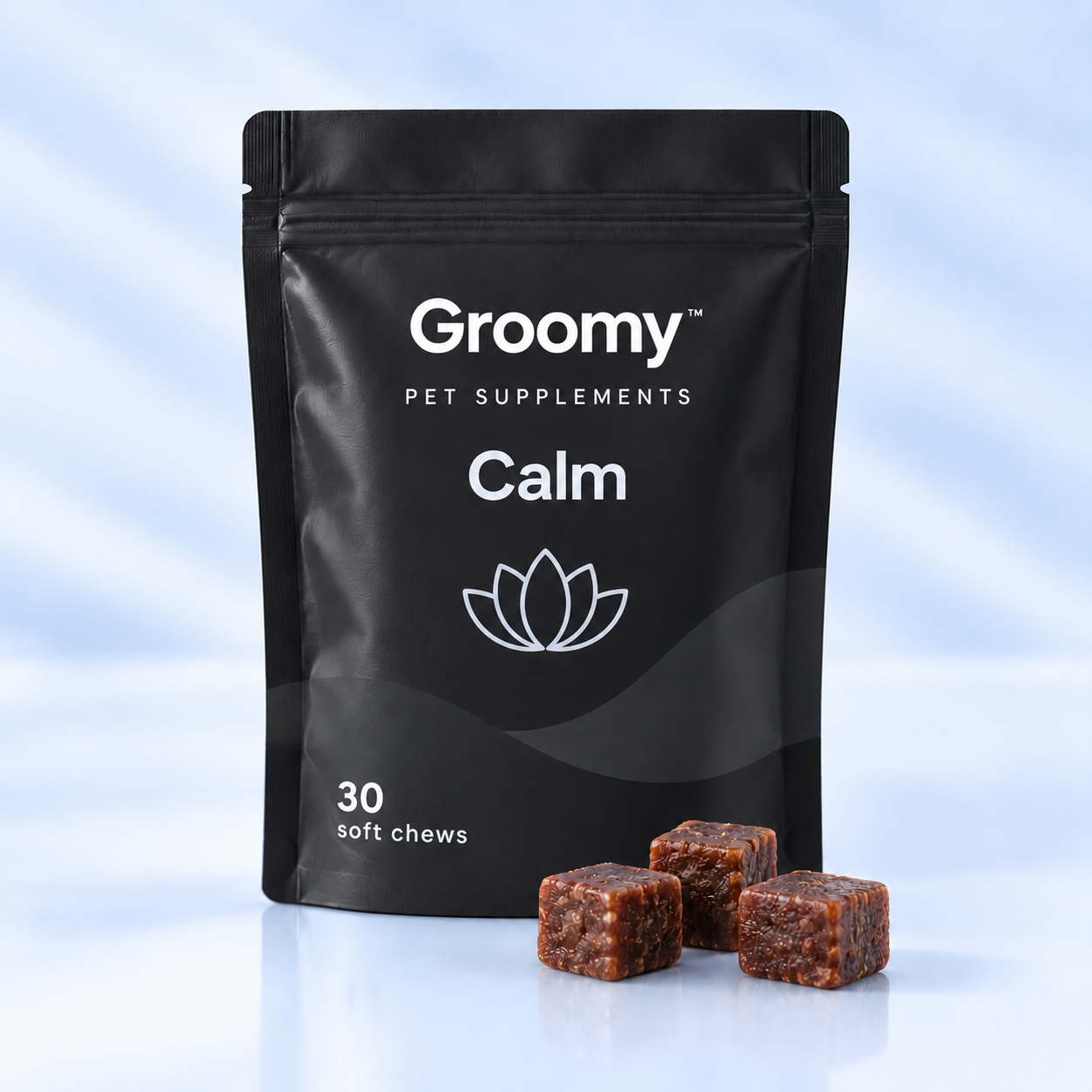 Groomy Calm Soft Chews soft chews pouch with three chews.