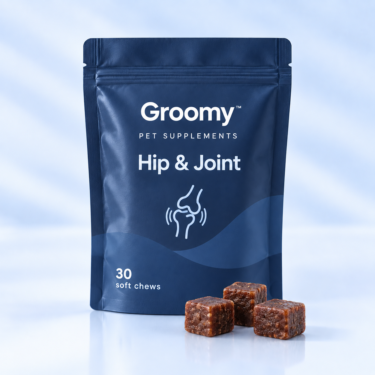 Groomy Hip & Joint Soft Chews soft chews pouch with three chews.